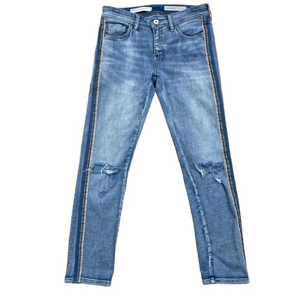 Pilcro Anthropologie Women's Sz 26 Blue Side Stripe Slim Boyfriend Crop Jeans